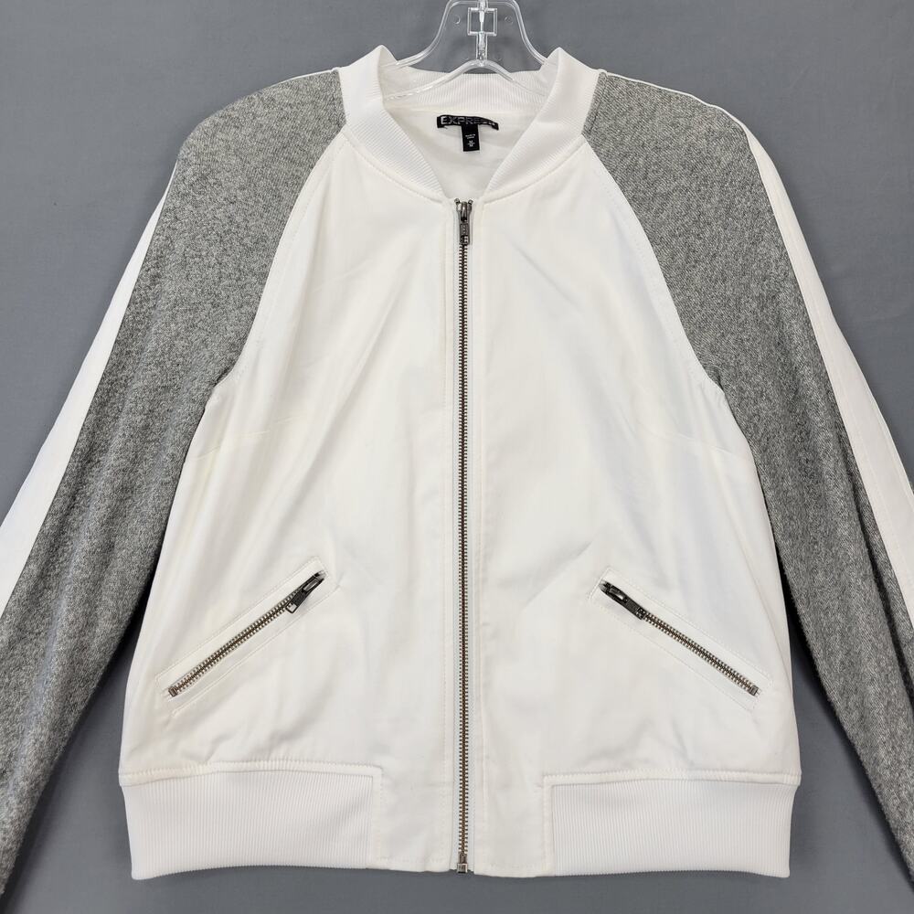 Express White Gray Stretch Varsity Jacket Womens Size M Classic Long Sleeves Zip